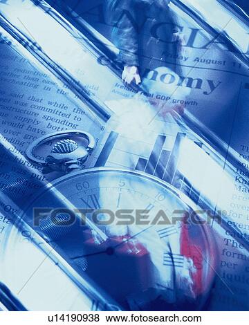 Stock Photo - People riding escalators, with image of clock on newspaper, CG, composition, blurred motion, toned image. Fotosearch