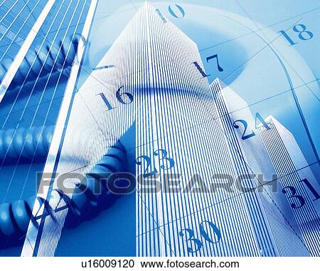 Stock Image - Phone receiver and calendar with image of high-rise buildings, CG, composition, low angle view, toned image. Fotosearch
