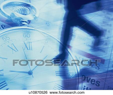 Stock Photograph - Running businessman with image of clock and newspaper, CG, composition, blurred motion, toned image. Fotosearch