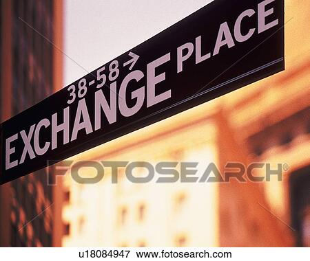 Stock Photo - Sign board for stock exchange, CG, composition, low angle view. Fotosearch