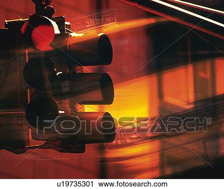Stock Image - Taxi and image of signal, stoplight, CG, composition. Fotosearch