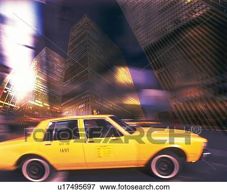 Stock Photo - Taxi in New York City, NY, USA, CG, composition, side view, blurred motion. Fotosearch