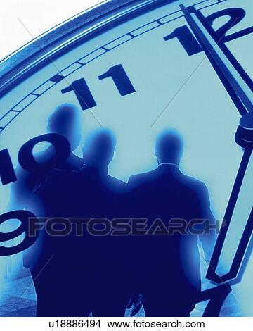 Picture - Three men with image of clock, CG, composition, soft focus, toned image. Fotosearch