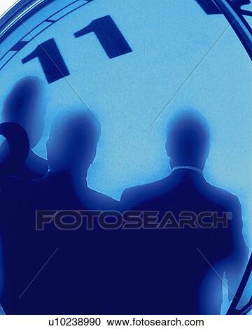 Stock Image - Three men with image of clock, CG, composition, soft focus, toned image. Fotosearch