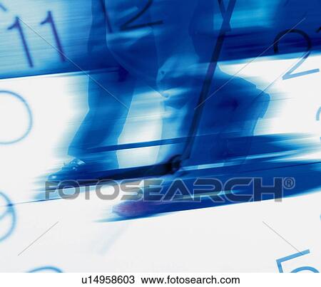 Stock Image - Walking men with image of clock, CG, composition, blurred motion. Fotosearch