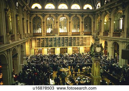 Stock Image - Scene in the stock exchange, High Angle View, Madrid, Spain. Fotosearch