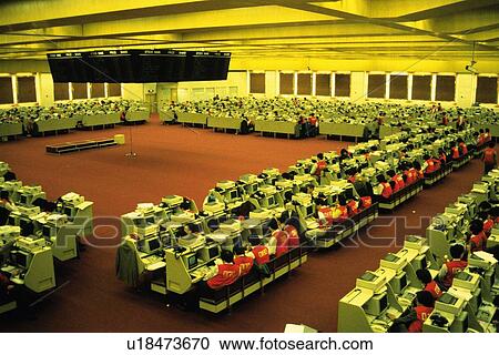 Stock Image - Scene in the stock exchange, High Angle View, Hong Kong, China. Fotosearch