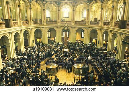 Stock Image - Scene in the stock exchange, High Angle View, Madrid, Spain. Fotosearch
