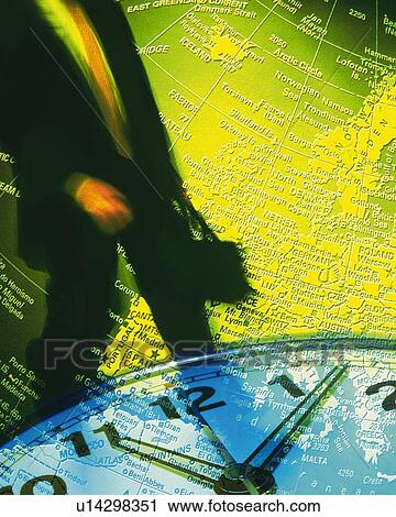 Stock Image - Businessman and image of globe and clock, CG, composition, blurred motion. Fotosearch