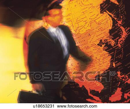Businessman and image of globe, CG, composition, blurred motion View Large Photo Image Stock Image - Businessman and image of globe, CG, composition, blurred motion. Fotosearch