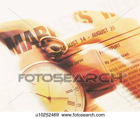 Stock Photo - Businessman using mobile phone with image of clock and newspaper, CG, composition, close up, soft focus, blurred motion. Fotosearch