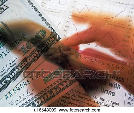 Stock Photo - Businessman using mobile phone with image of US banknote and financial press, CG, composition, close up, soft focus. Fotosearch