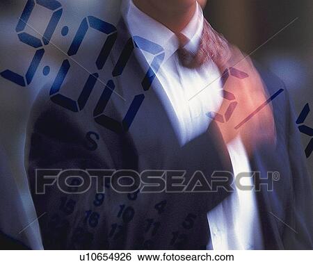 Stock Photograph - Businessman with image of digital clock, CG, composition, blurred motion. Fotosearch