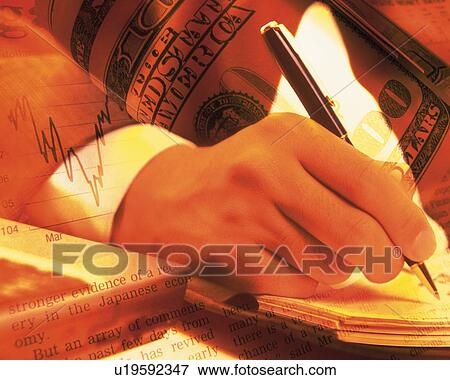 Businessman writing down on personal organizer with image of US banknote, CG, composition, toned image, close up View Large Photo Image Stock Photo - Businessman writing down on personal organizer with image of US banknote, CG, composition, toned image, close up. Fotosearch