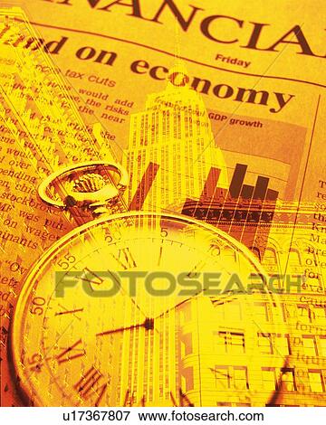 Clock on financial press with image of high-rise buildings in New York City, NY, USA, CG, composition, toned image View Large Photo Image Stock Photo - Clock on financial press with image of high-rise buildings in New York City, NY, USA, CG, composition, toned image. Fotosearch