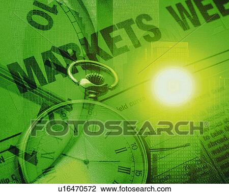Stock Image - Clock on newspaper with image of high-rise buildings, CG, composition, toned image, long exposure. Fotosearch