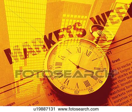 Stock Image - Clock on newspaper with image of high-rise buildings in New York City, NY, USA, CG, composition, toned image. Fotosearch