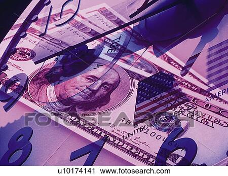 Stock Image - Clock reflecting US banknotes and American flag, CG, composition, toned image, close up. Fotosearch