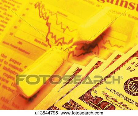 Stock Photography - Hourglass and US banknotes on financial press, soft focus, toned image, high angle view. Fotosearch