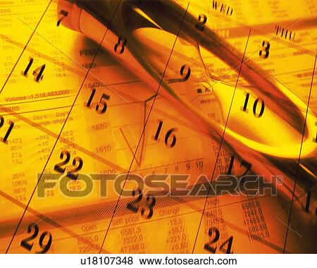 Stock Photo - Hourglass on financial press and image of calendar, CG, composition, blurred motion, toned image, high angle view. Fotosearch
