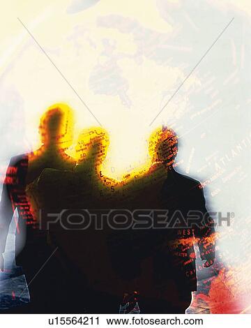 Three men with image of globe, CG, composition, soft focus View Large Photo Image Stock Image - Three men with image of globe, CG, composition, soft focus. Fotosearch