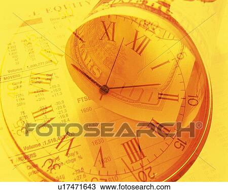 Stock Image - US banknote on newspaper with image of clock, CG, composition, toned image, high angle view. Fotosearch