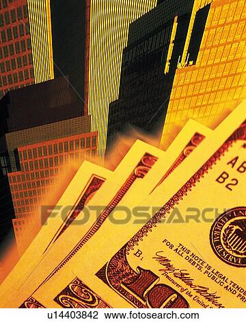 Stock Image - US banknotes and high-rise buildings, CG, composition. Fotosearch