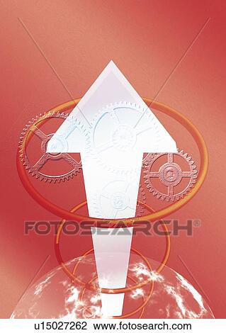 Stock Image - Arrow inside loops sticking out of the Earth, CG, composition, high angle view. Fotosearch