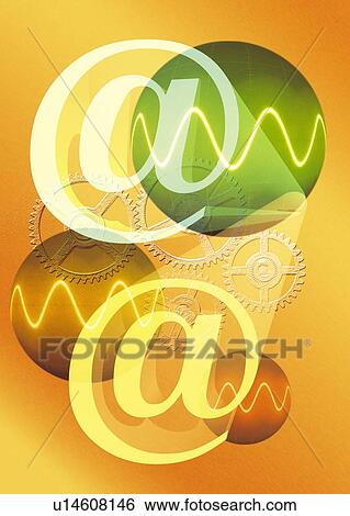 Stock Photograph - Balls and gear wheels with image of @ sign, CG, composition. Fotosearch