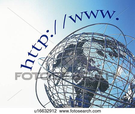 Stock Image - Big globe under blue sky, with image of web address, CG, composition, low angle view. Fotosearch