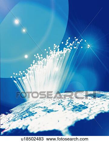 Stock Image - Bunch of illuminated fiber optics and globe, close up. Fotosearch