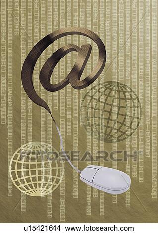 Picture - Computer mouse with image of @ sign and globe, CG, composition. Fotosearch