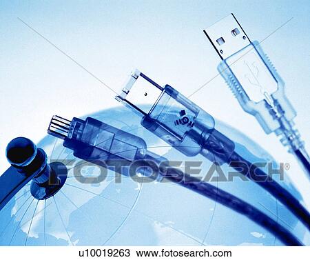 Stock Image - Globe and computer cables, CG, composition, toned image. Fotosearch