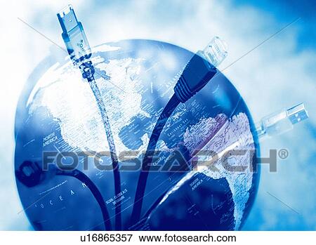 Stock Photo - Globe and computer cables, CG, composition, toned image. Fotosearch