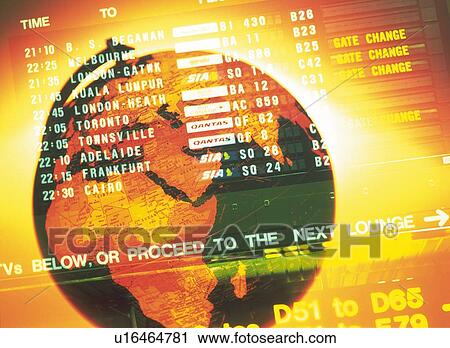 Stock Image - Globe and image of airline timetables, CG, composition. Fotosearch