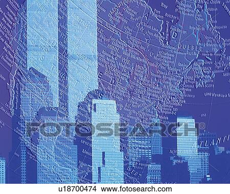 Picture - High-rise buildings with image of globe, New York City, NY, USA, CG, composition, toned image. Fotosearch