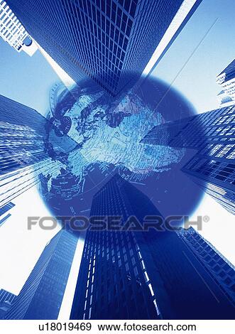Stock Photo - High-rise buildings with image of globe, CG, composition, low angle view, toned image. Fotosearch