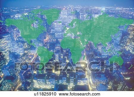 Stock Image - High-rise buildings with image of world map at night, New York City, NY, USA, CG, composition, high angle view, long exposure. Fotosearch