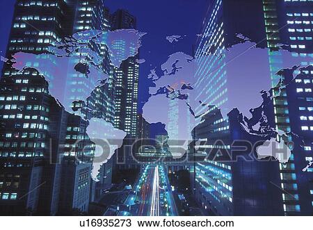 Stock Image - High-rise buildings with image of world map at night, CG, composition, high angle view, long exposure. Fotosearch