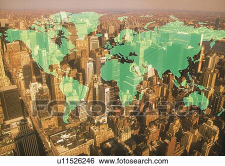 Stock Photograph - High-rise buildings with image of world map, New York City, NY, USA, CG, composition, high angle view. Fotosearch