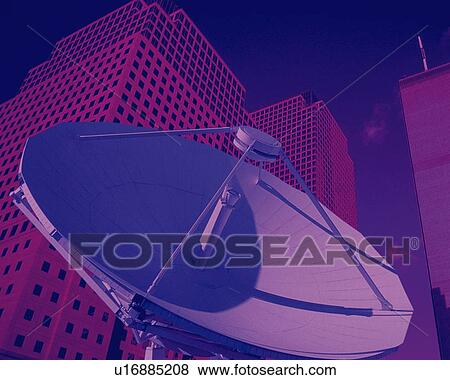 Stock Photo - Satellite dish near high-rise buildings, CG, composition, low angle view, toned image. Fotosearch