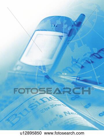 Stock Image - Stationeries and mobile phone with image of globe, CG, composition, high angle view, close up, toned image, soft focus. Fotosearch