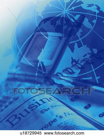 Stock Photography - Stationeries and mobile phone with image of globe, CG, composition, high angle view, close up, toned image. Fotosearch