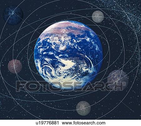 Stock Image - The Earth and stars in the universe, CG, composition. Fotosearch