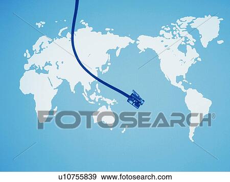 Stock Photo - World map and computer cable, CG, composition. Fotosearch
