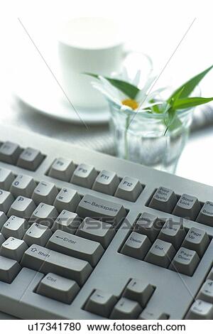 Stock Image - Keyboard, Coffee Cup and Flower on the Desk, High Angle View. Fotosearch