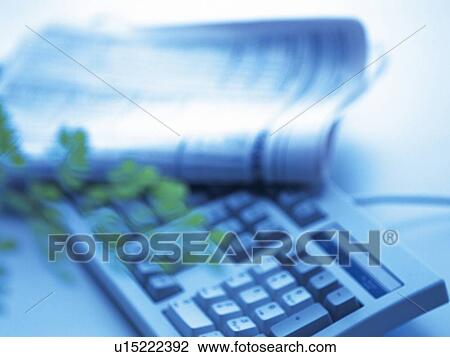 Stock Image - Keyboard, Newspaper and Plant on the Desk, Close Up, Blurred, Toned Image. Fotosearch