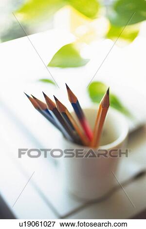 Pencils in a penholder, Pin Focus, High Angle View View Large Photo Image Stock Photo - Pencils in a penholder, Pin Focus, High Angle View. Fotosearch
