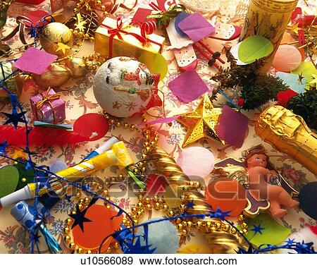 Stock Photo - Christmas ornaments, high angle view. Fotosearch