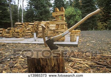 Stock Image - Axe and woodpile. Fotosearch